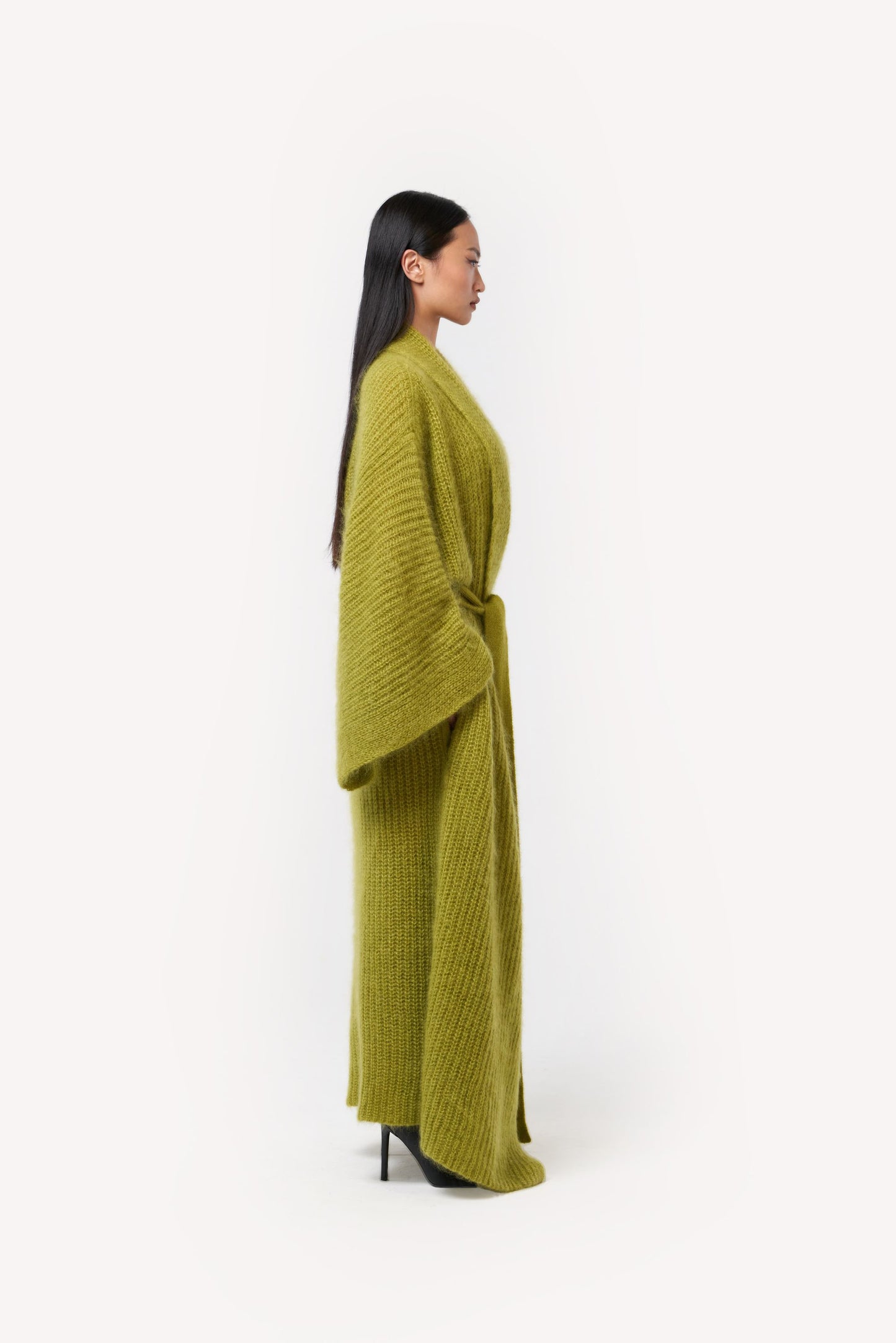 One-of-a-kind Mohair Silk Blend Longhair Knit Kimono Coat Avocado-Lime