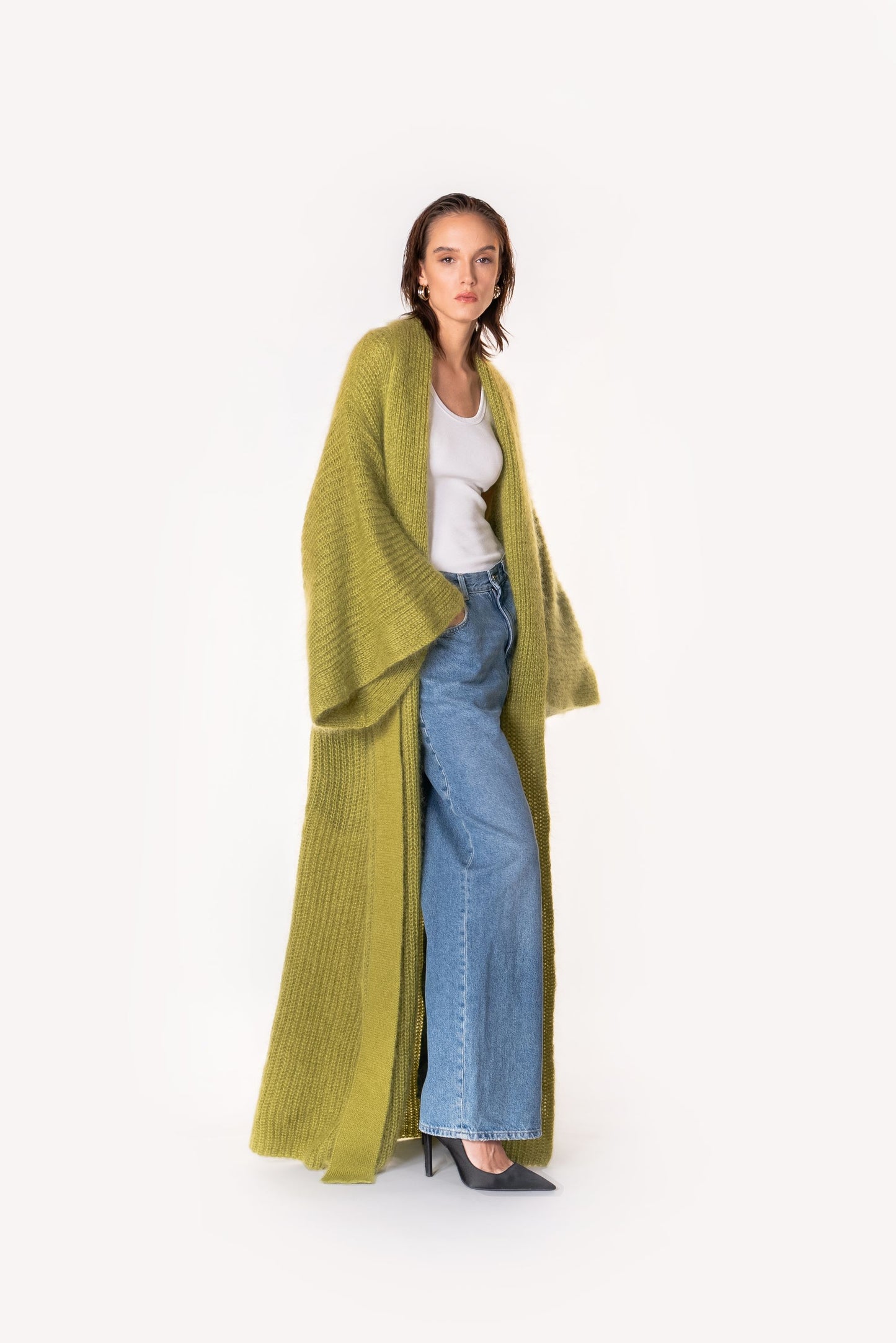 One-of-a-kind Mohair Silk Blend Longhair Knit Kimono Coat Avocado-Lime