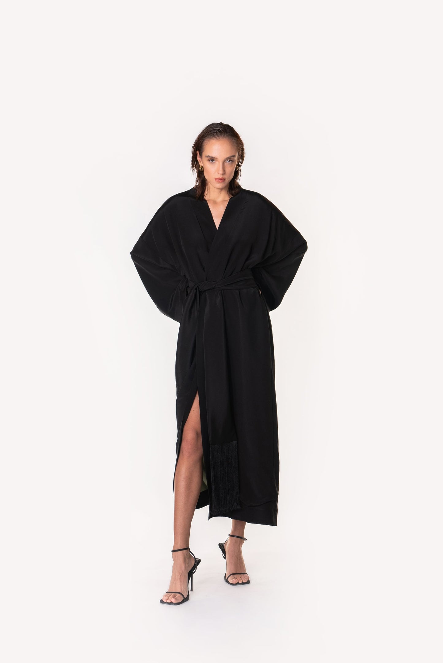 Signature Exclusive Fringes Silk Kimono Black